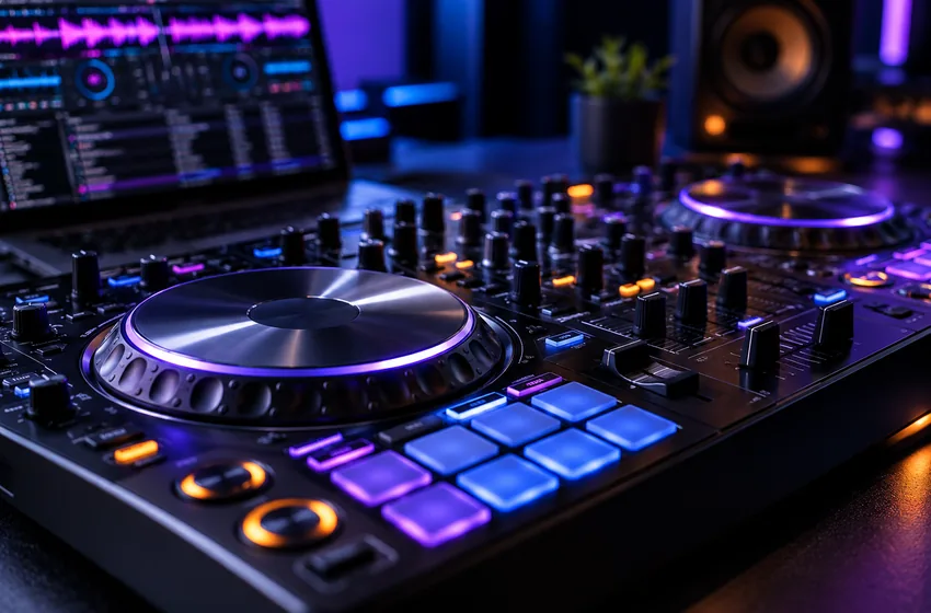 AI-generated editorial illustration of a DJ controller and mixing workstation in a dark studio