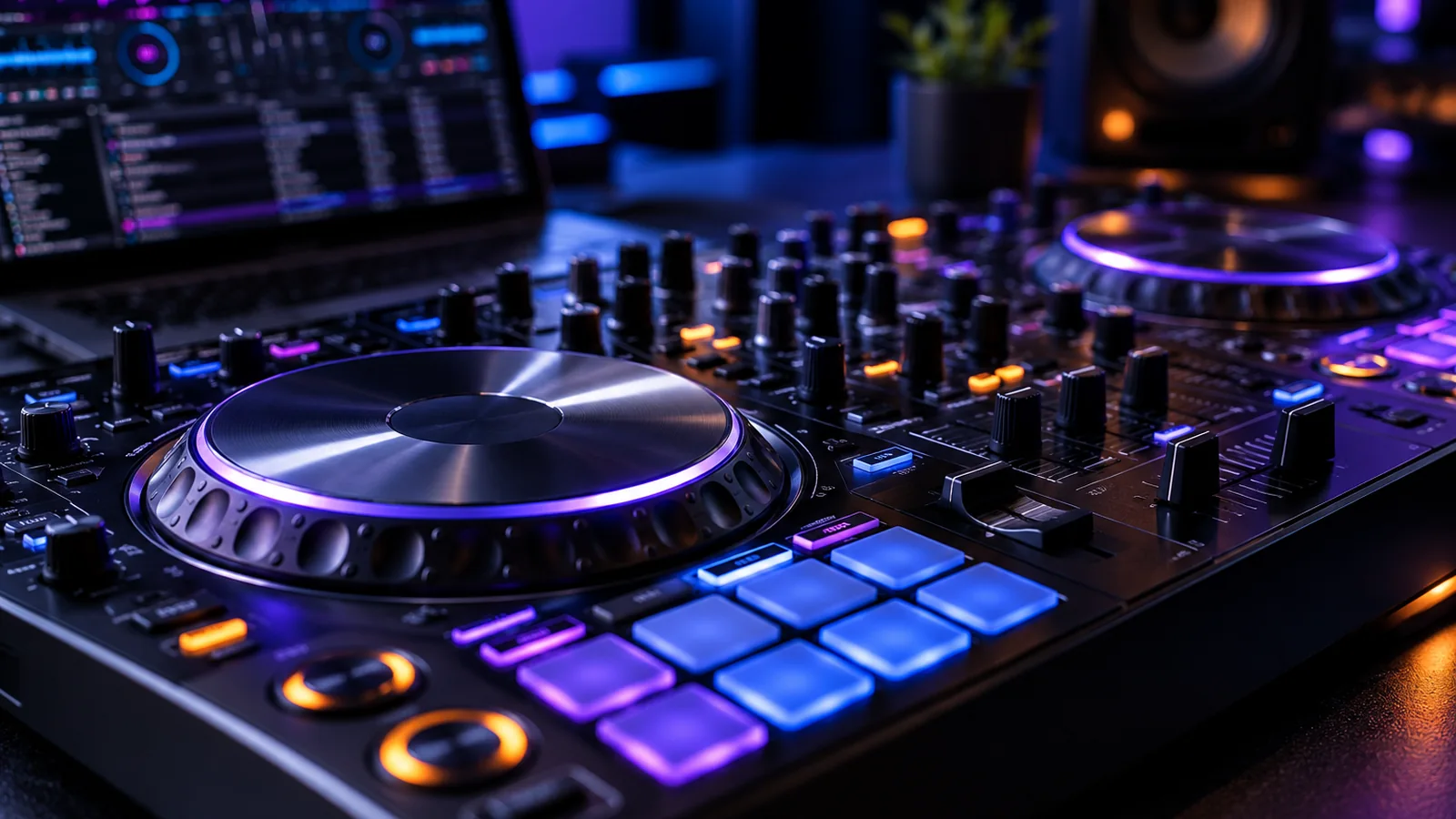 AI-generated editorial illustration of a DJ controller and mixing workstation in a dark studio