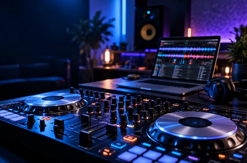 AI-generated editorial illustration of a DJ controller and mixing workstation in a dark studio