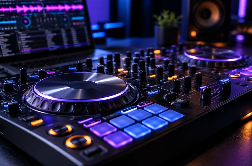 AI-generated editorial illustration of a DJ controller and mixing workstation in a dark studio