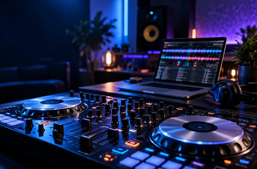 AI-generated editorial illustration of a DJ controller and mixing workstation in a dark studio