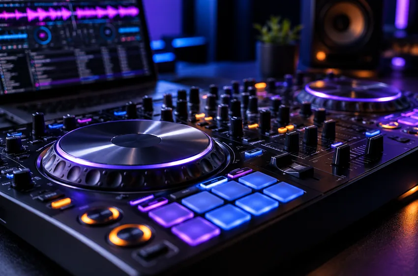 AI-generated editorial illustration of a DJ controller and mixing workstation in a dark studio