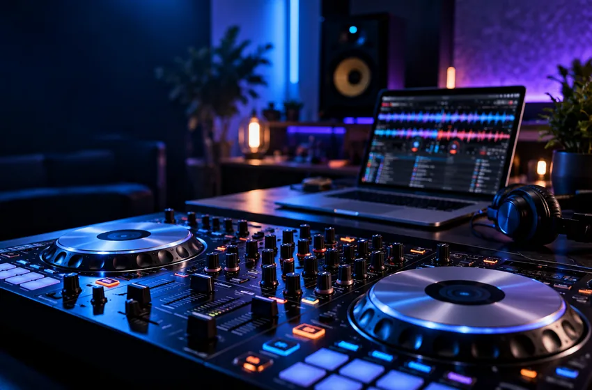 AI-generated editorial illustration of a DJ controller and mixing workstation in a dark studio