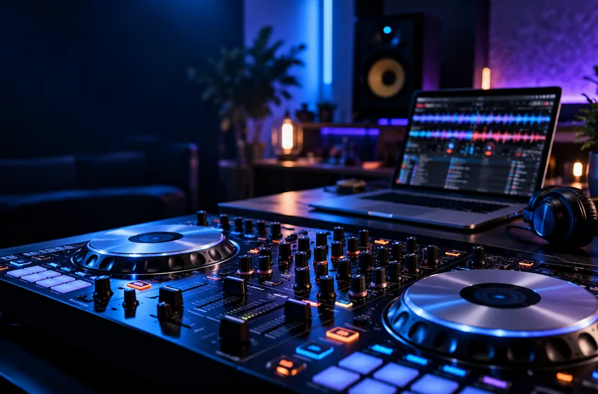 AI-generated editorial illustration of a DJ controller and mixing workstation in a dark studio